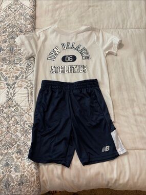 New Balance White & Navy Athletic Tee and Shorts Set